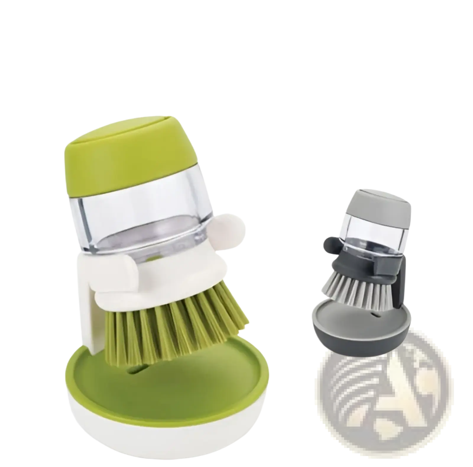 Soap dispensing dish brush with non slip base in green and white featuring a clear soap reservoir for kitchen use