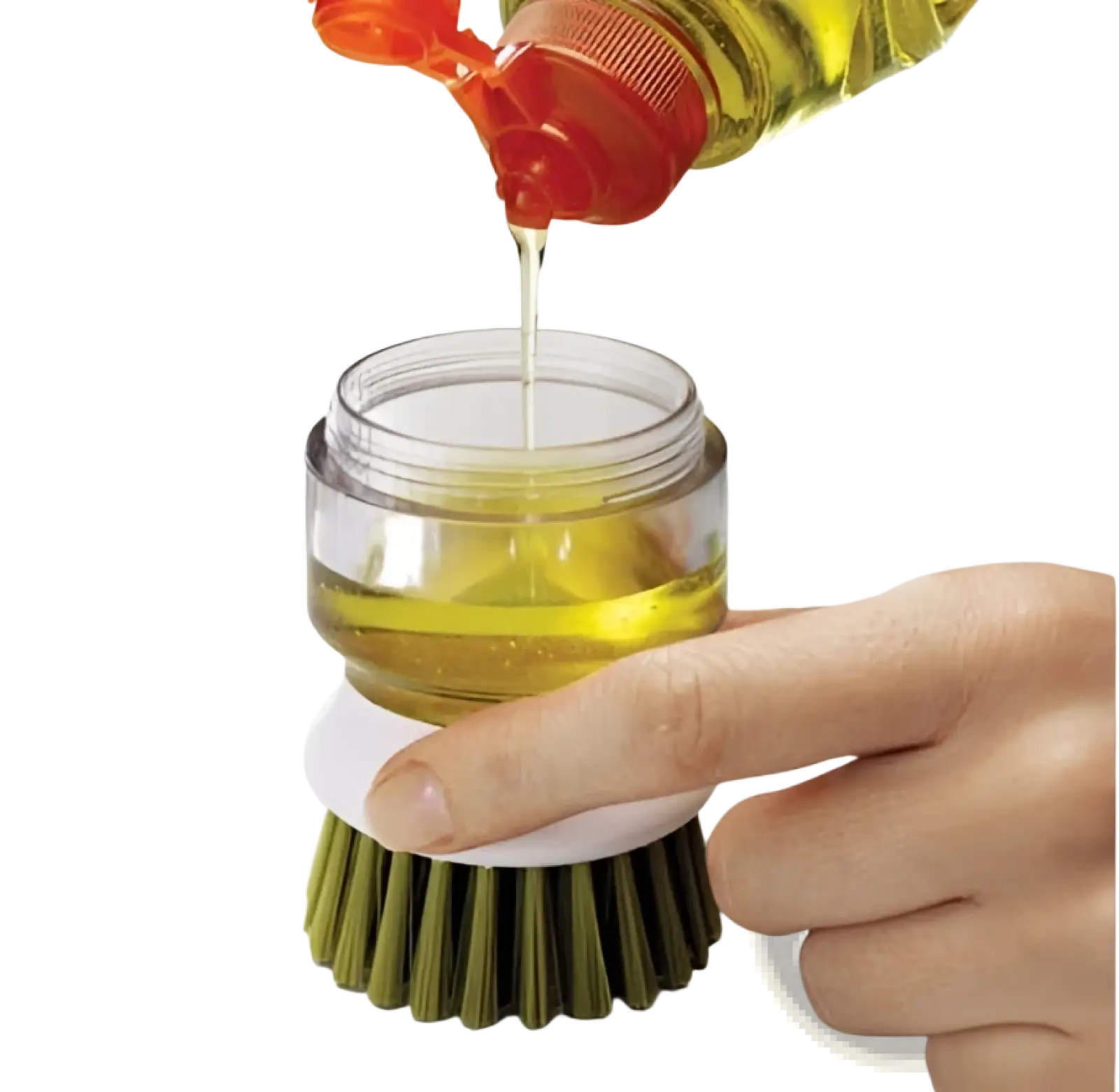 A clear glass soap dispensing dish brush with green bristles white base and yellow dish soap in a non slip storage base