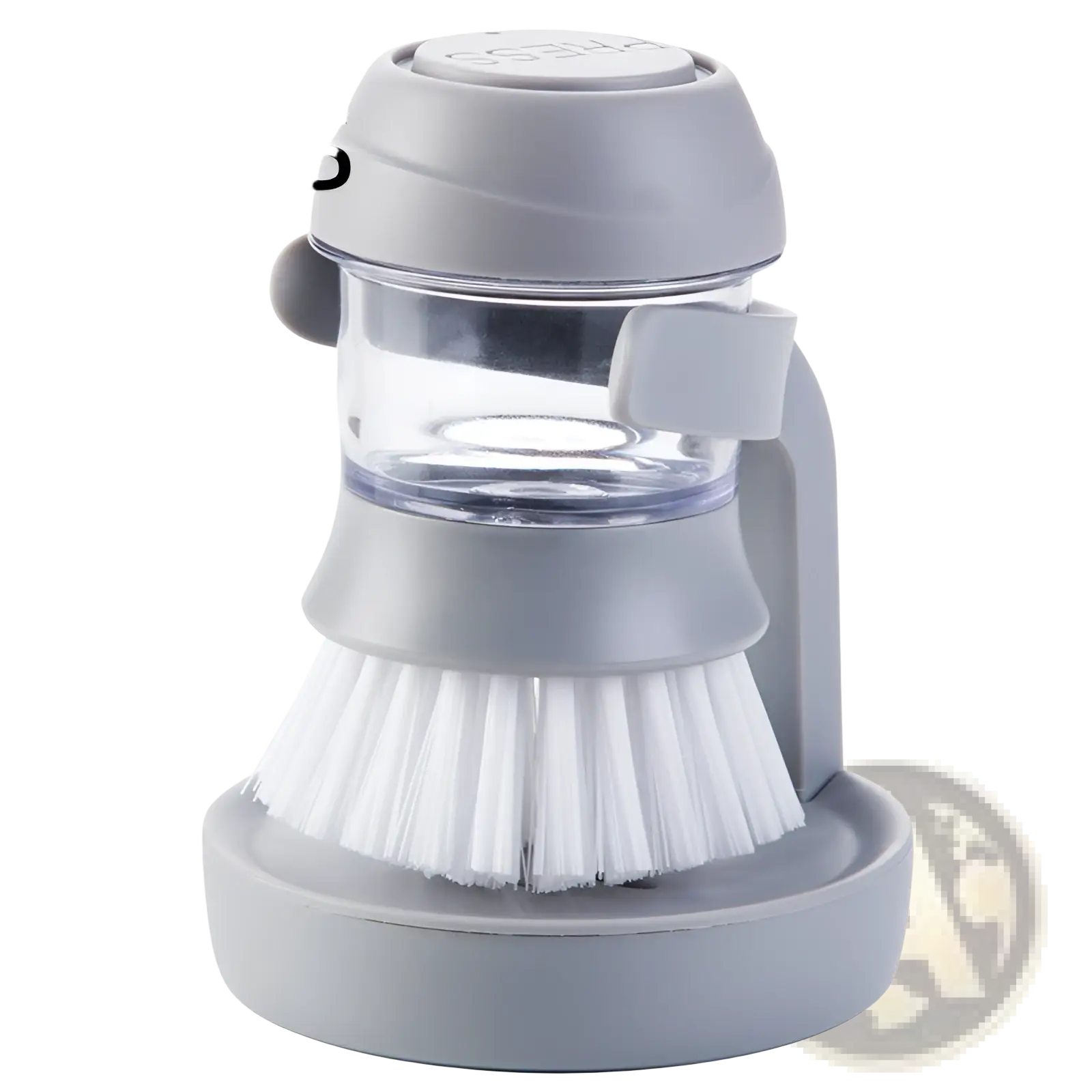Gray plastic soap dispensing dish brush with white bristles and clear water reservoir on non slip storage base