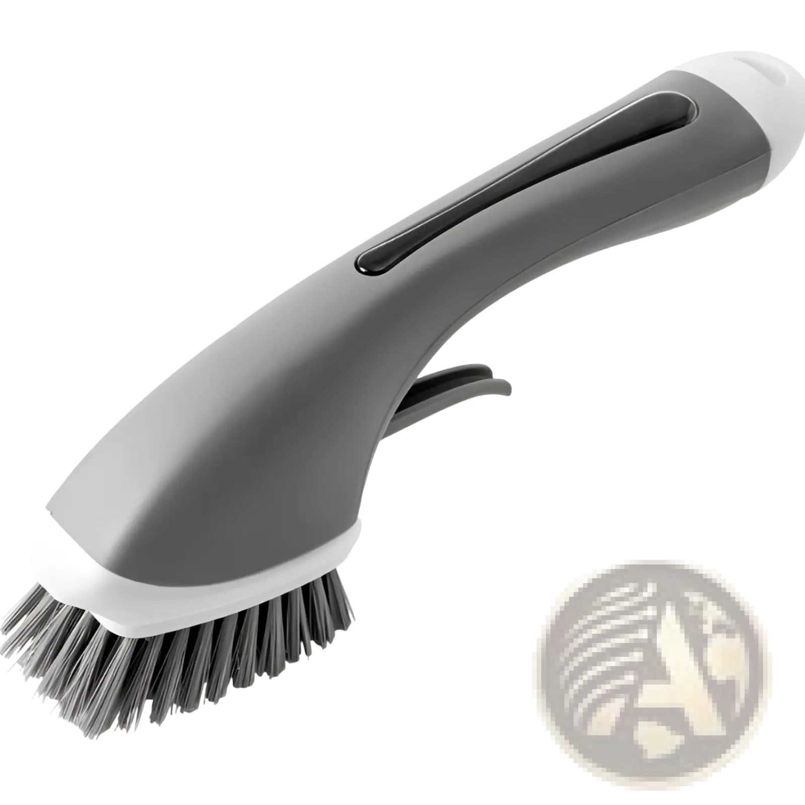 Gray and white plastic soap dispensing dish brush with dense dark gray bristles and non slip storage base