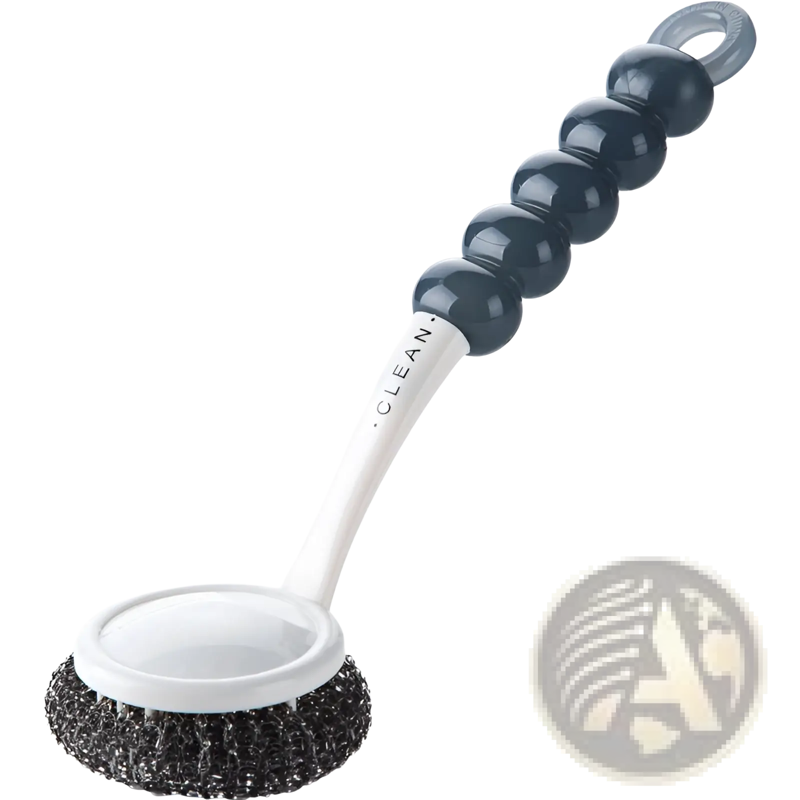Soap dispensing dish brush with non slip storage base in sleek dark gray and white with beaded handle and stainless steel bristles
