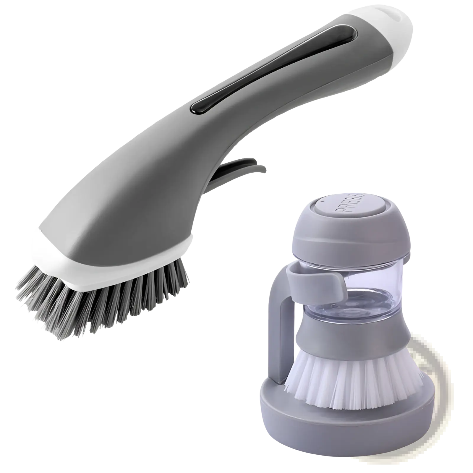 Gray and white soap dispensing dish brush set with long-handled scrubber and non slip storage base