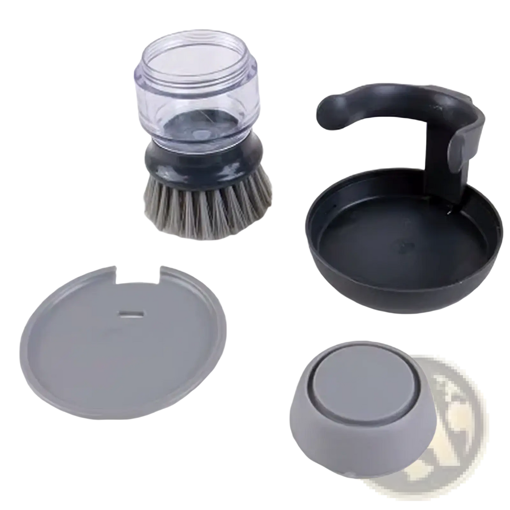 Black and gray soap dispensing dish brush with storage base featuring bristle brush head and detachable parts in clear container