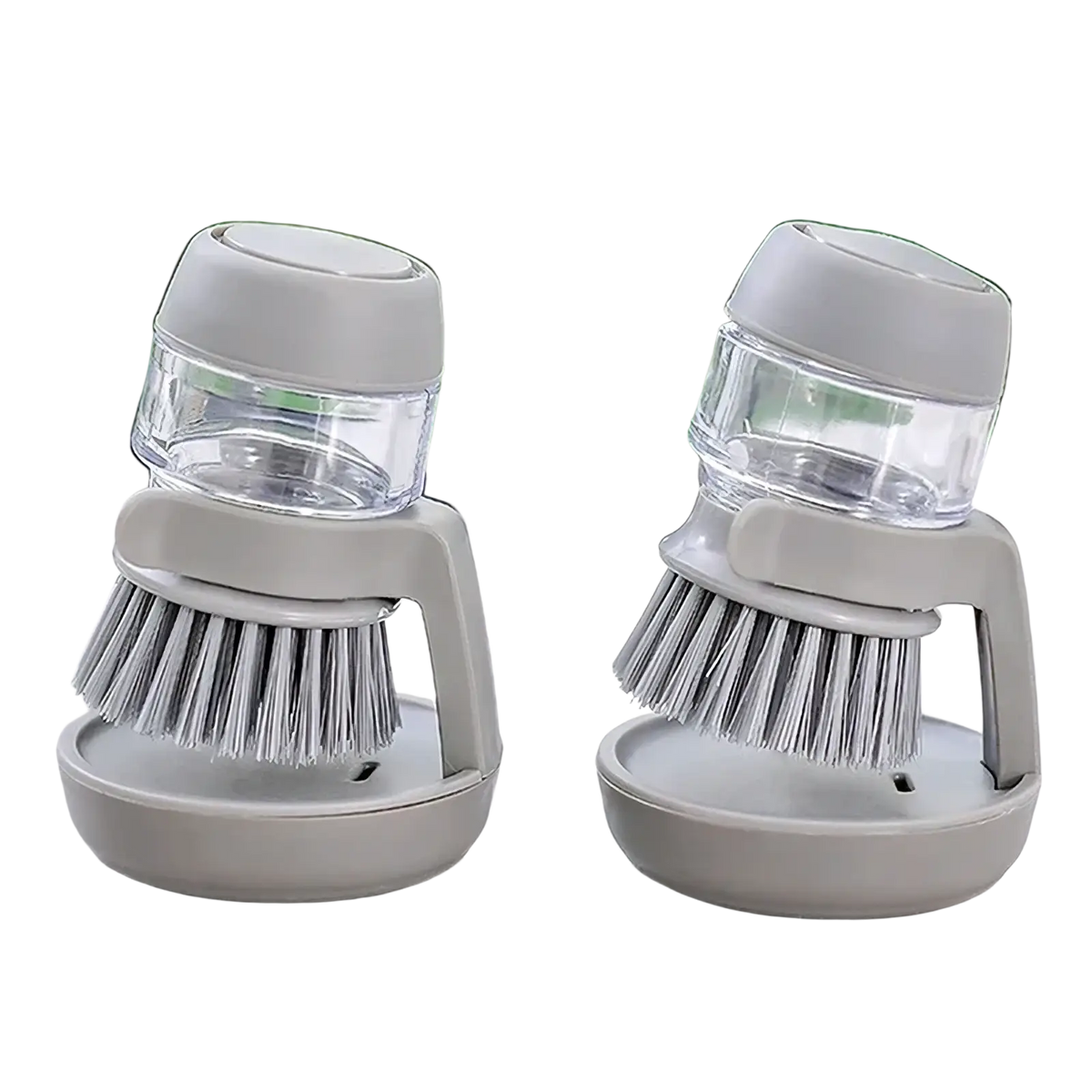 Gray plastic soap dispensing dish brush with clear water reservoir and silver bristles for countertop use with base