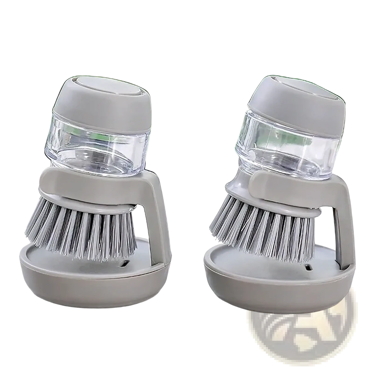 Gray plastic soap dispensing dish brush with clear water reservoir and silver bristles for countertop use with base