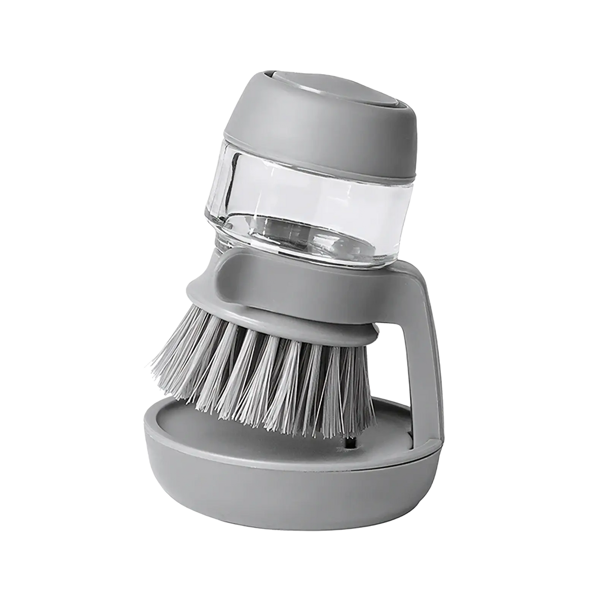 Gray plastic and clear acrylic soap dispensing dish brush with handle and storage base for efficient cleaning