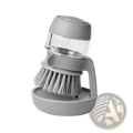 Gray plastic and clear acrylic soap dispensing dish brush with handle and storage base for efficient cleaning