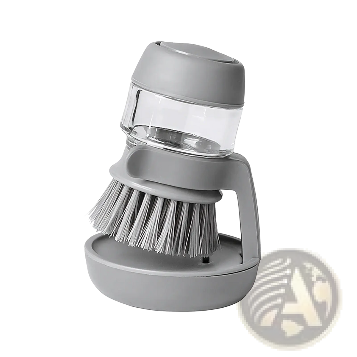 Gray plastic and clear acrylic soap dispensing dish brush with handle and storage base for efficient cleaning