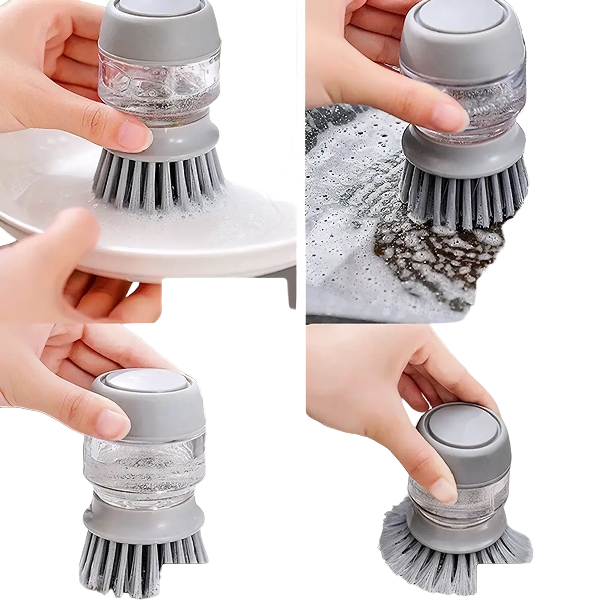 Gray silicone soap dispensing dish brush with clear reservoir and bristles for cleaning porcelain metal ceramic tile surfaces
