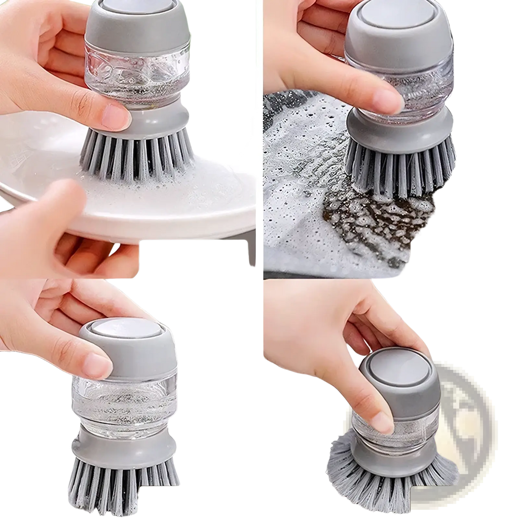 Gray silicone soap dispensing dish brush with clear reservoir and bristles for cleaning porcelain metal ceramic tile surfaces