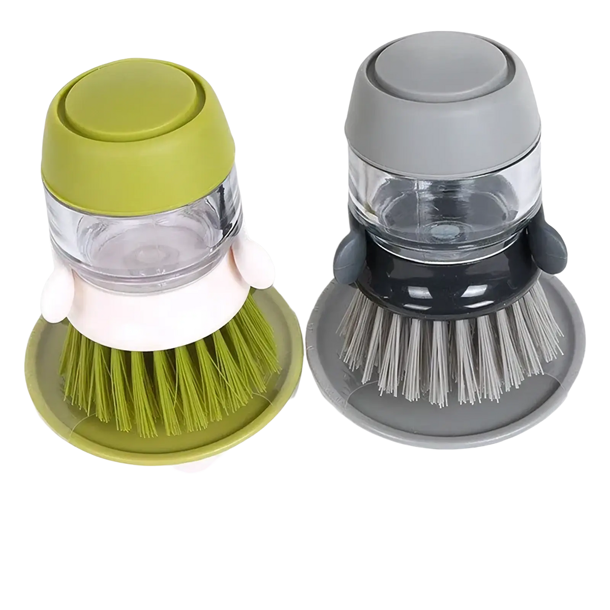 Soap dispensing dish brush with clear liquid reservoir, green and gray soft bristles for gentle automatic cleaning