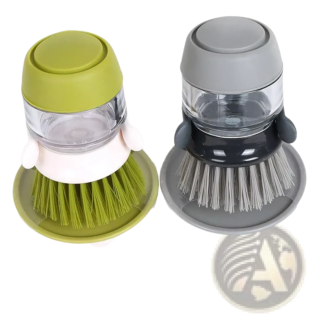 Soap dispensing dish brush with clear liquid reservoir, green and gray soft bristles for gentle automatic cleaning