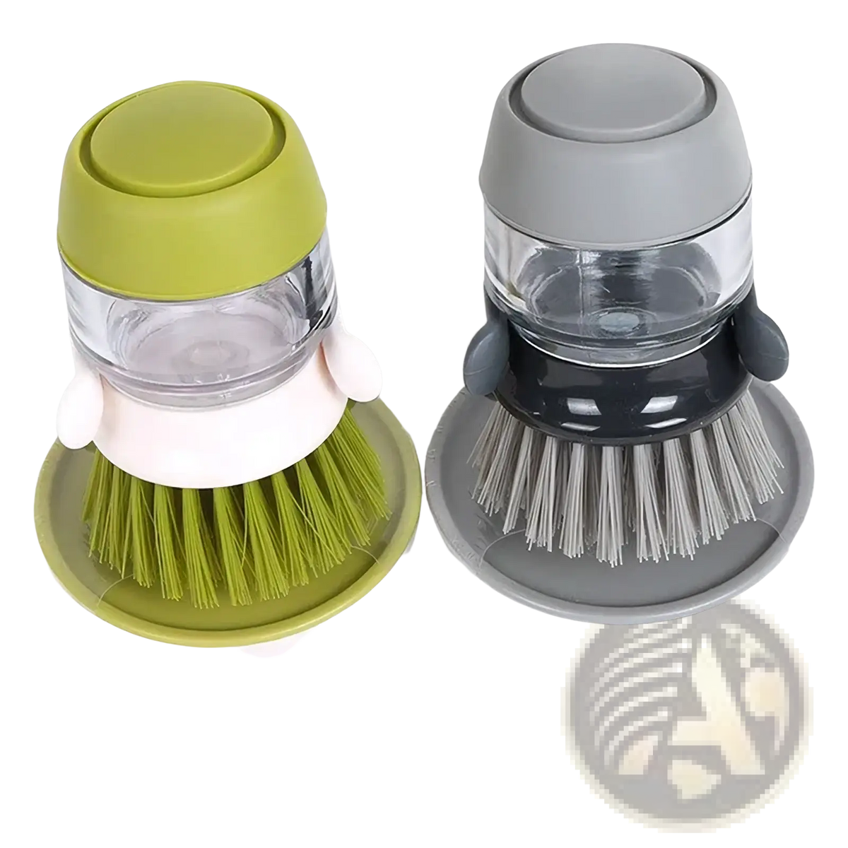 Soap dispensing dish brush with clear liquid reservoir, green and gray soft bristles for gentle automatic cleaning
