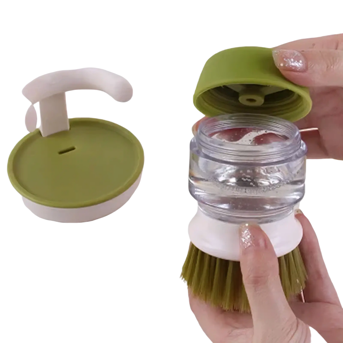 Soap dispensing dish brush in green and white with clear water reservoir and storage base for efficient cleaning