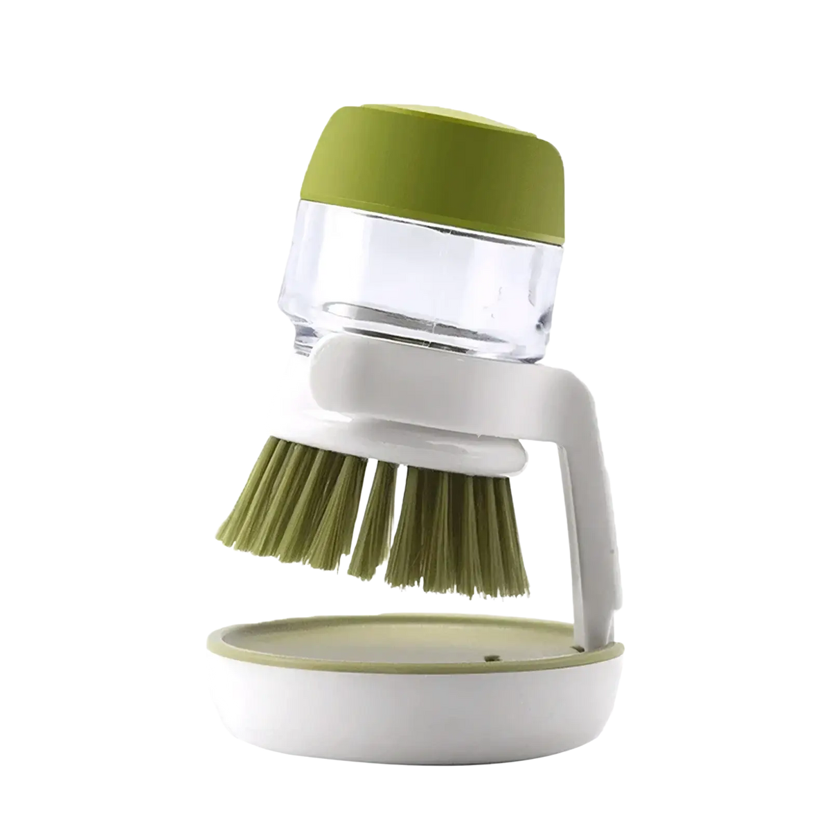 Soap dispensing dish brush with storage base featuring a clear reservoir olive green lid white handle and dense bristles