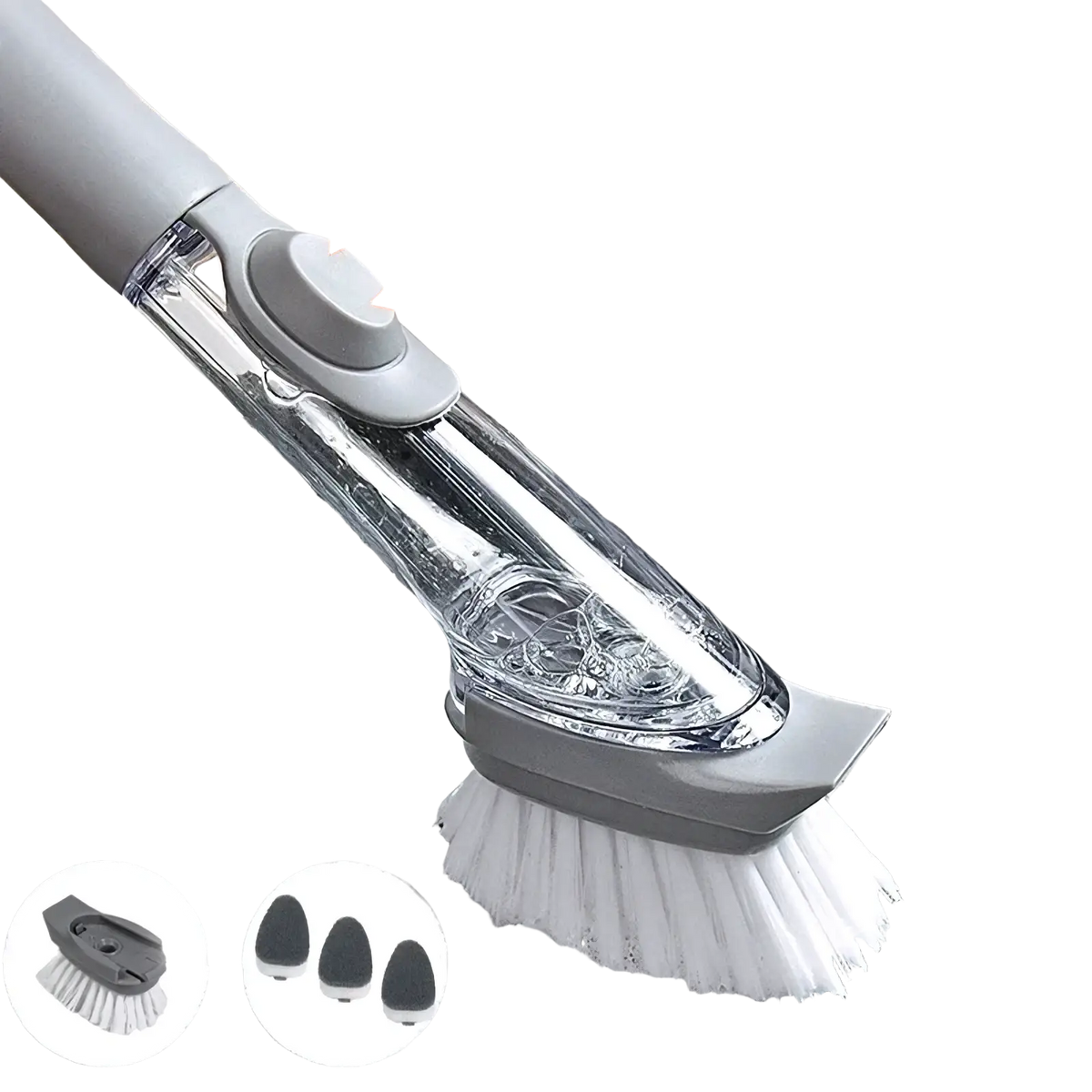 Gray and transparent soap dispensing kitchen dish brush with white bristles and press-to-release soap mechanism