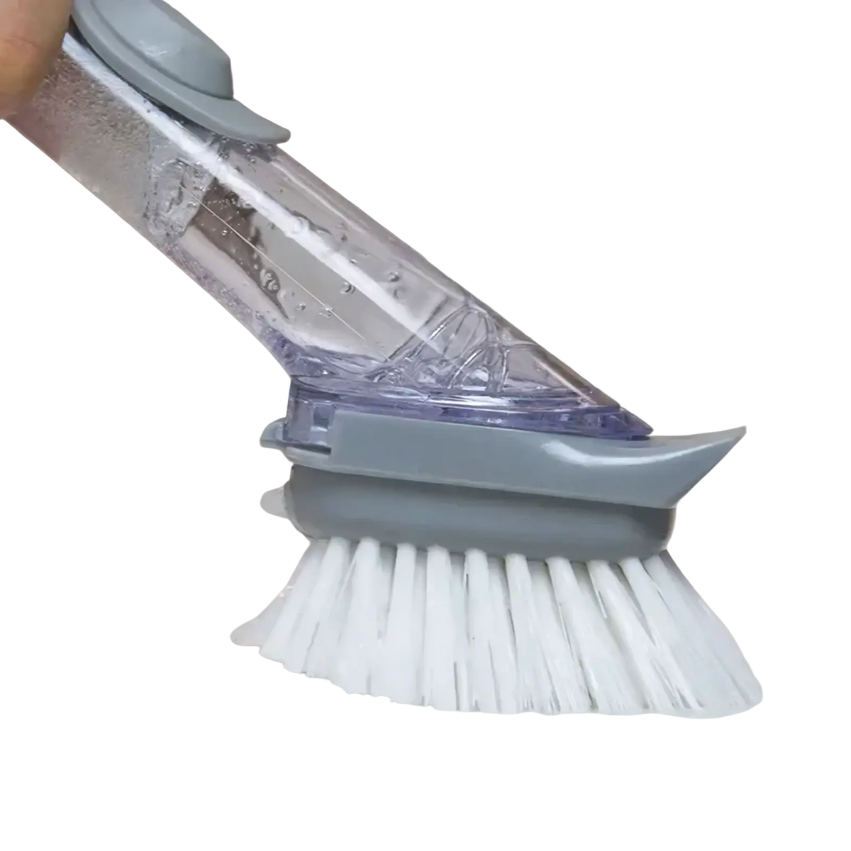 Gray and transparent plastic soap dispensing kitchen dish brush with white bristles and built-in soap reservoir