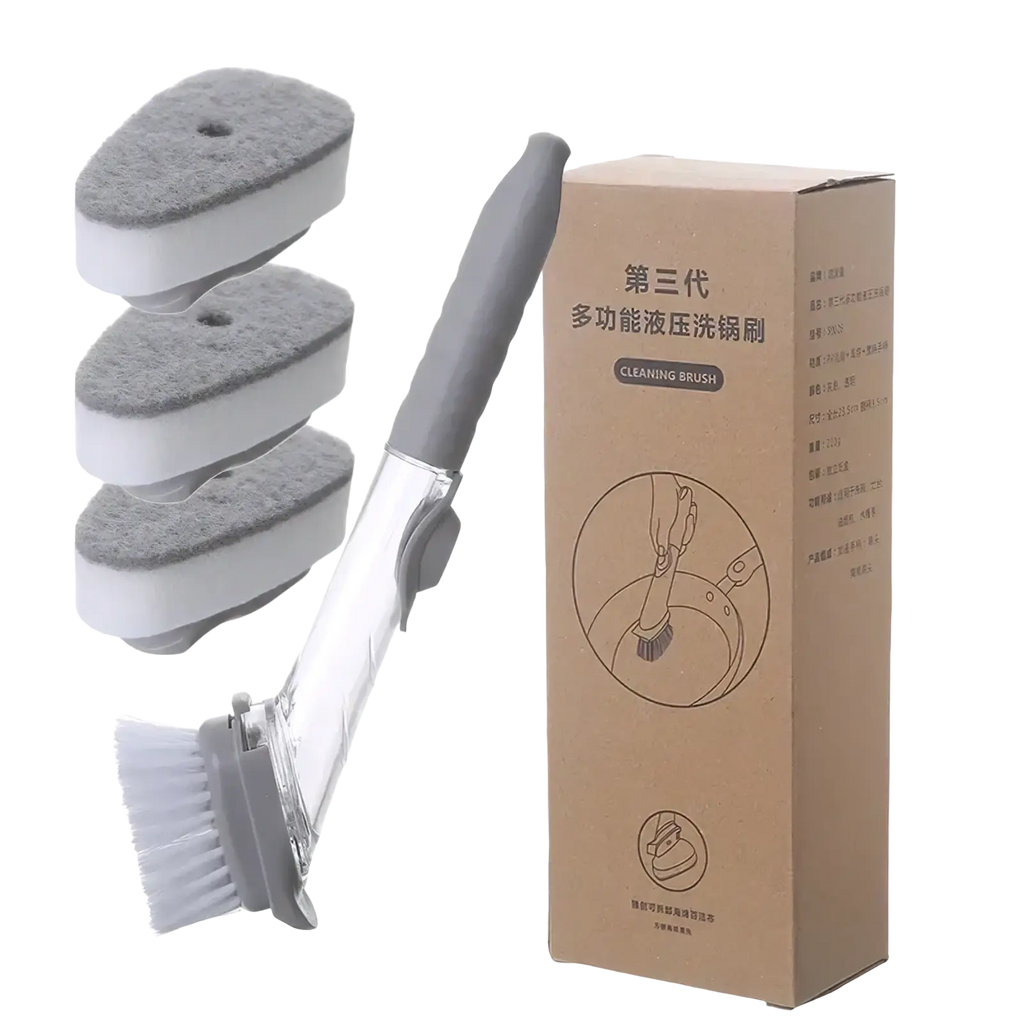 Soap dispensing kitchen dish brush with long handle gray and white multi-functional liquid pressure pot scrubber