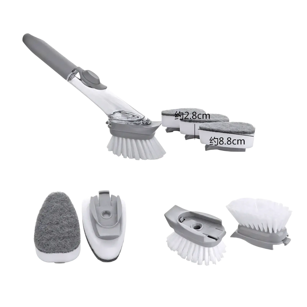 Gray and white soap dispensing kitchen dish brush set with long handle and interchangeable scrubbing heads