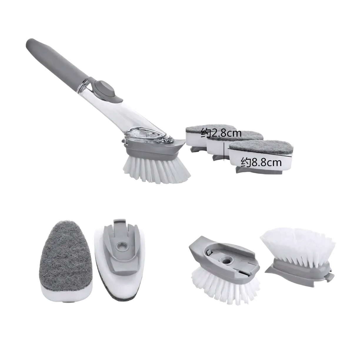 Gray and white soap dispensing kitchen dish brush set with long handle and interchangeable scrubbing heads
