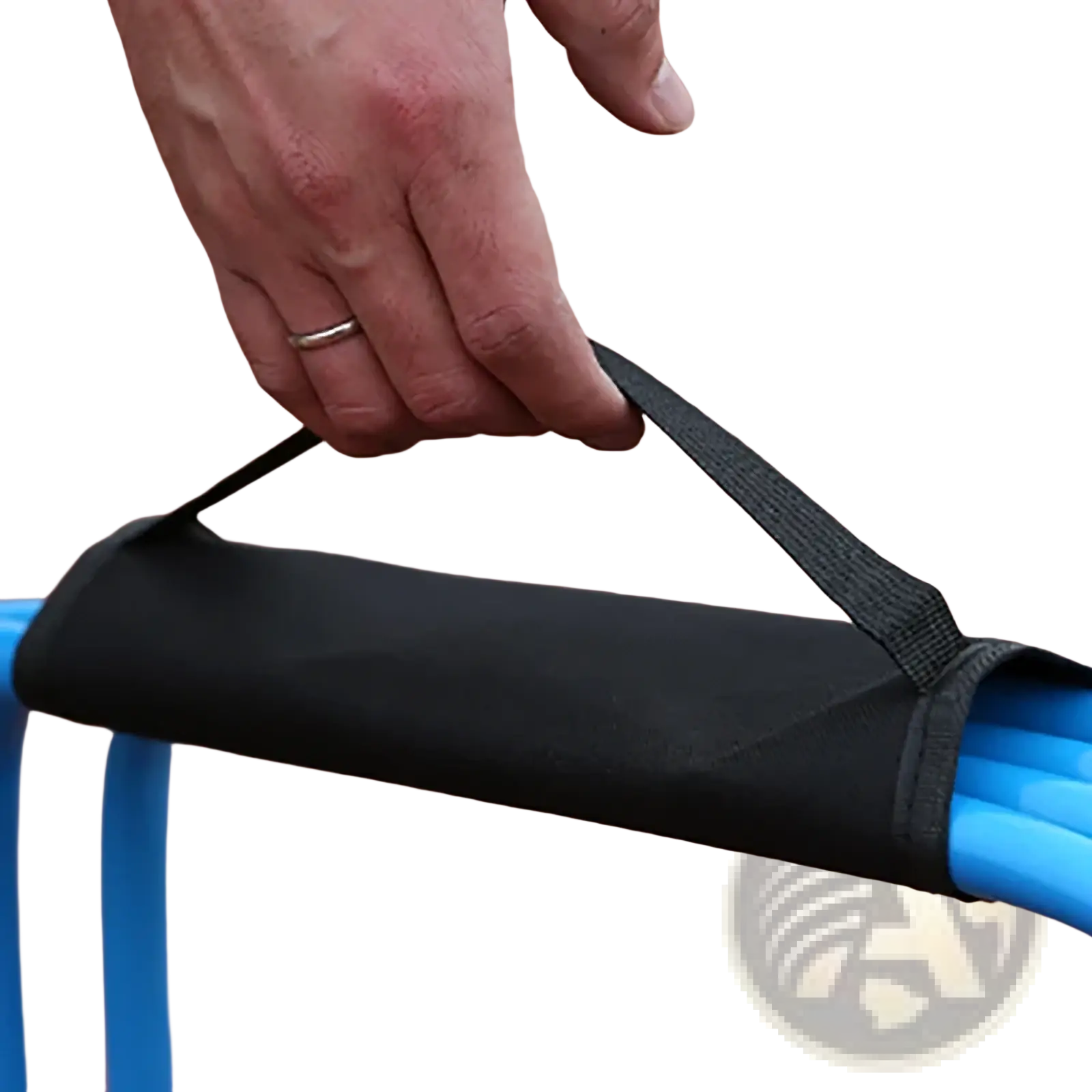 Black fabric handle cover snugly wrapped around bright blue plastic bar of soccer agility hurdle carrying strap and bag