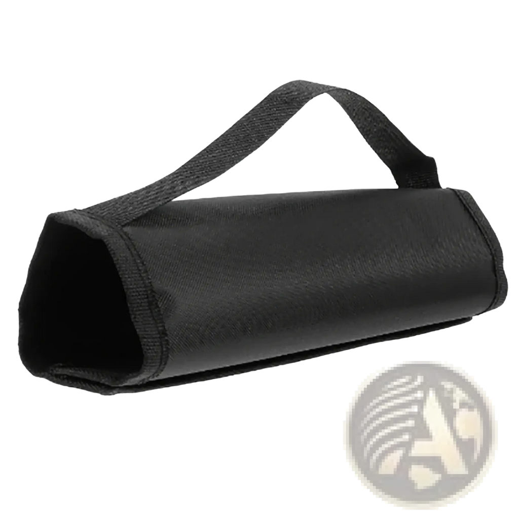 Black fabric roll carrying strap with handle for soccer agility hurdle storage and tool organization
