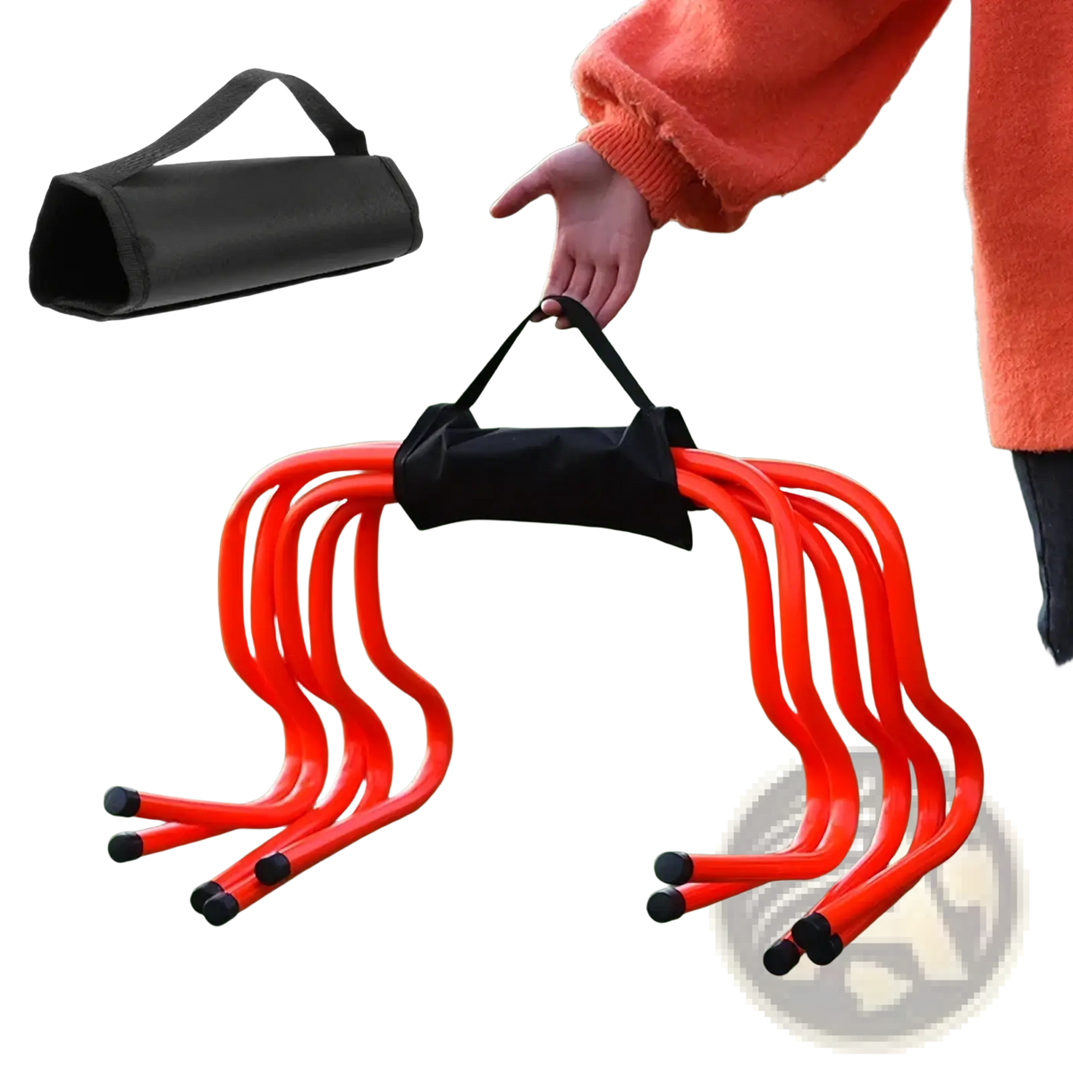 Bright orange plastic soccer agility ladder with black rubber tips and a matching black carrying strap and storage bag