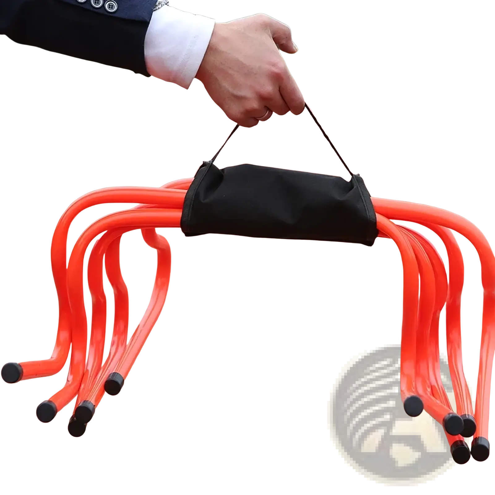 Bright orange plastic soccer agility ladder with black fabric carrying strap and protective caps on ends for storage