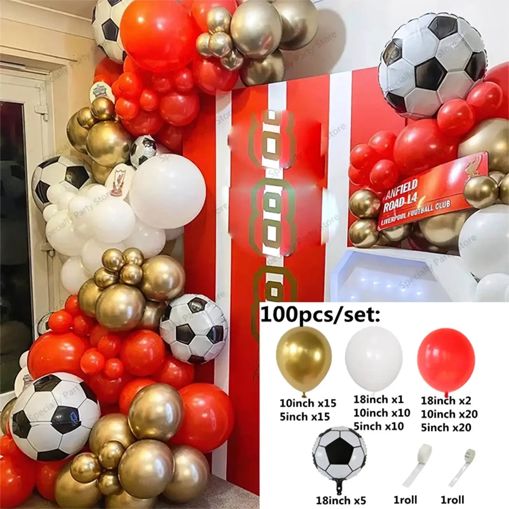 A festive soccer balloon garland arch featuring red gold white and black balloons with classic football designs