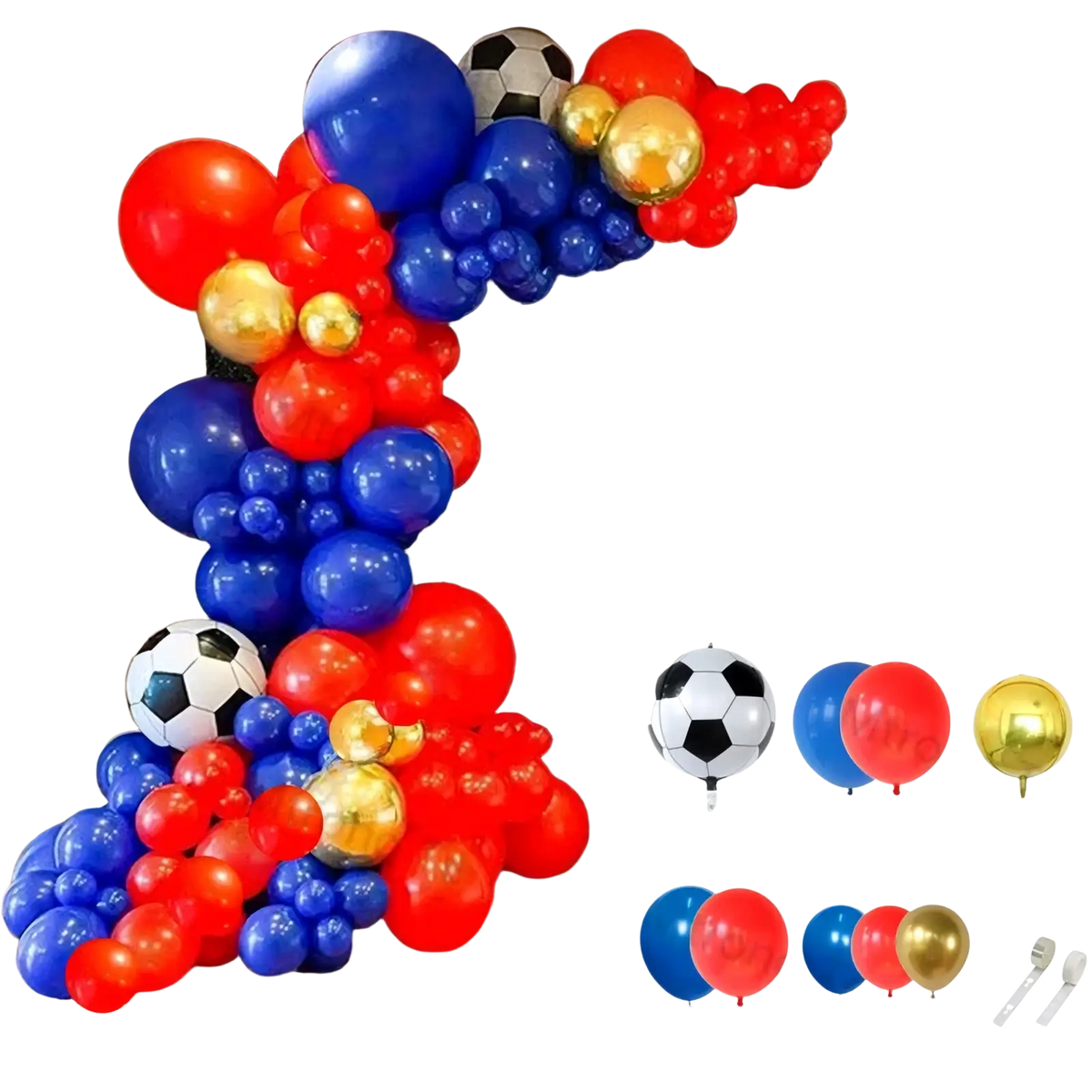 A vibrant red blue and gold soccer balloon garland arch kit with soccer-themed accents for sports celebrations