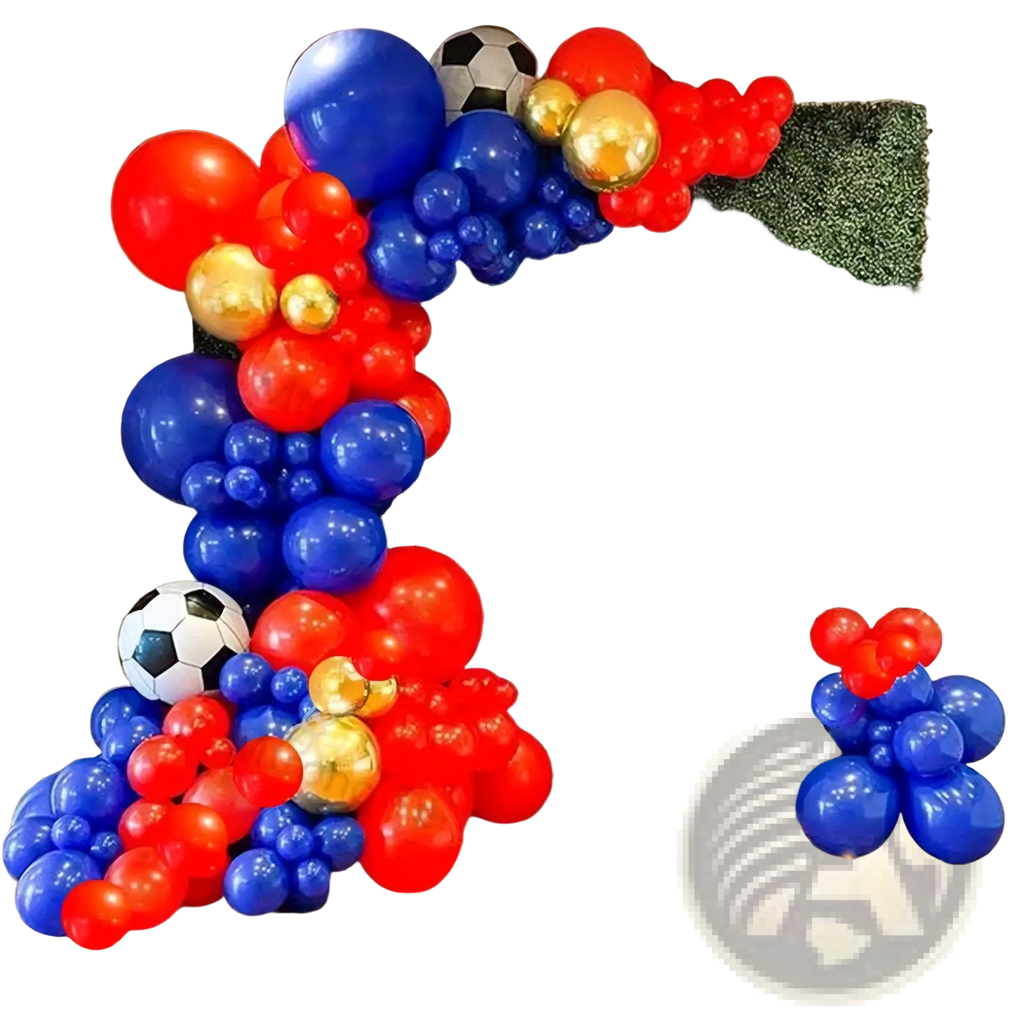 A vibrant red blue and gold soccer balloon garland arch kit with soccer-themed accents for sports events and parties
