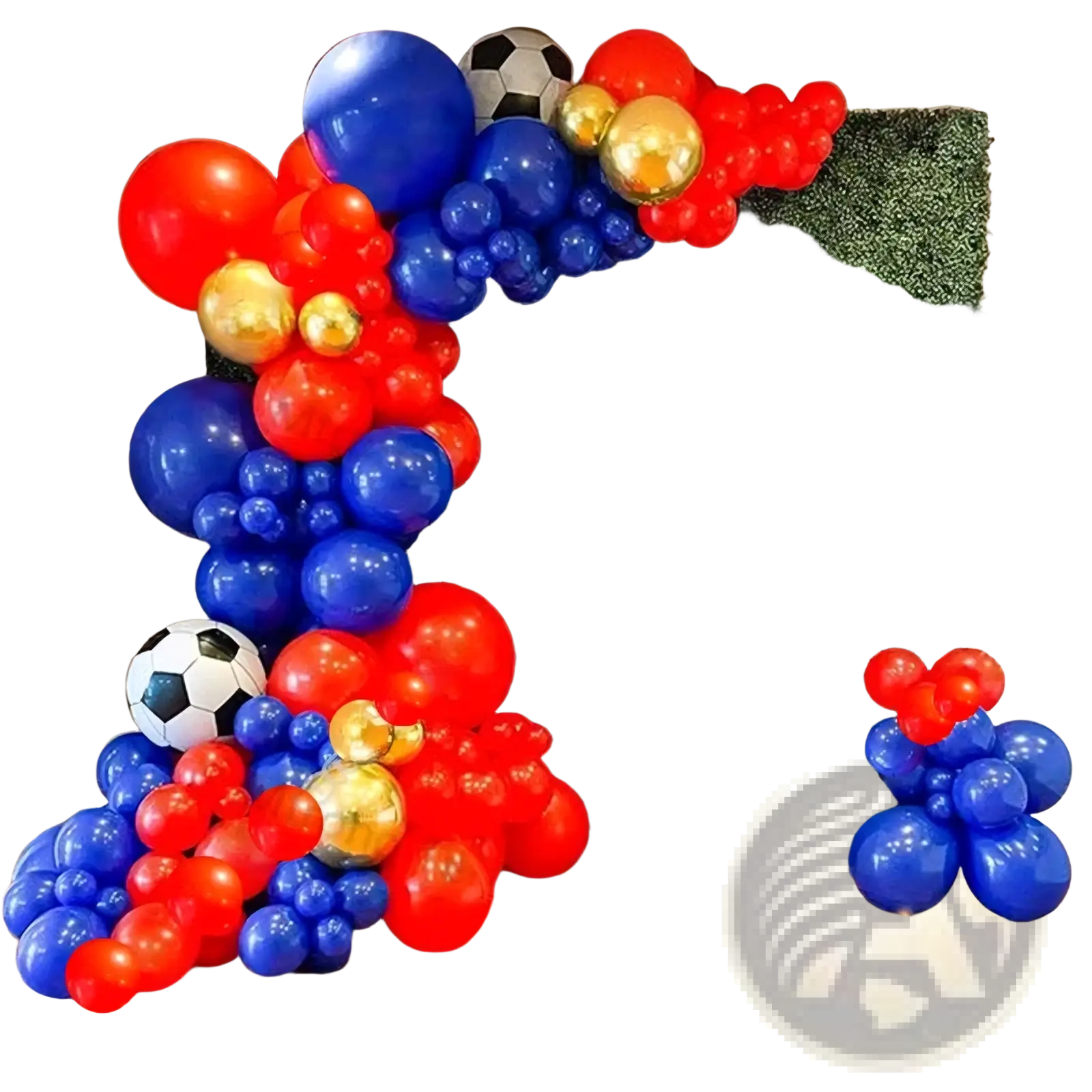 A vibrant red blue and gold soccer balloon garland arch kit with soccer-themed accents for sports events and parties