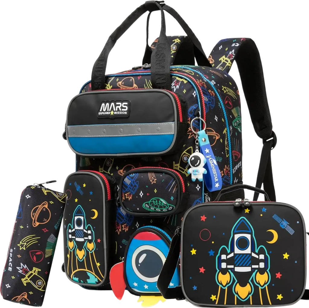 Soccer boys school backpack set with lunch bag featuring a space-themed black backpack with neon rocket and planet designs