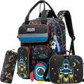 Soccer boys school backpack set with lunch bag featuring a space-themed black backpack with neon rocket and planet designs