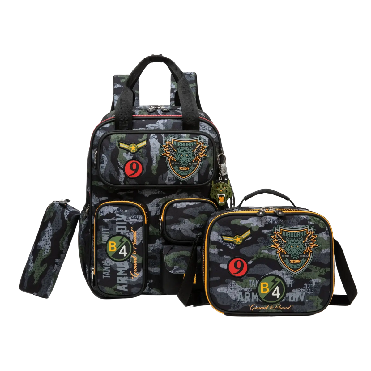 Soccer Boys school backpack set with lunch bag in black and green camouflage with military patches and gold trim accents