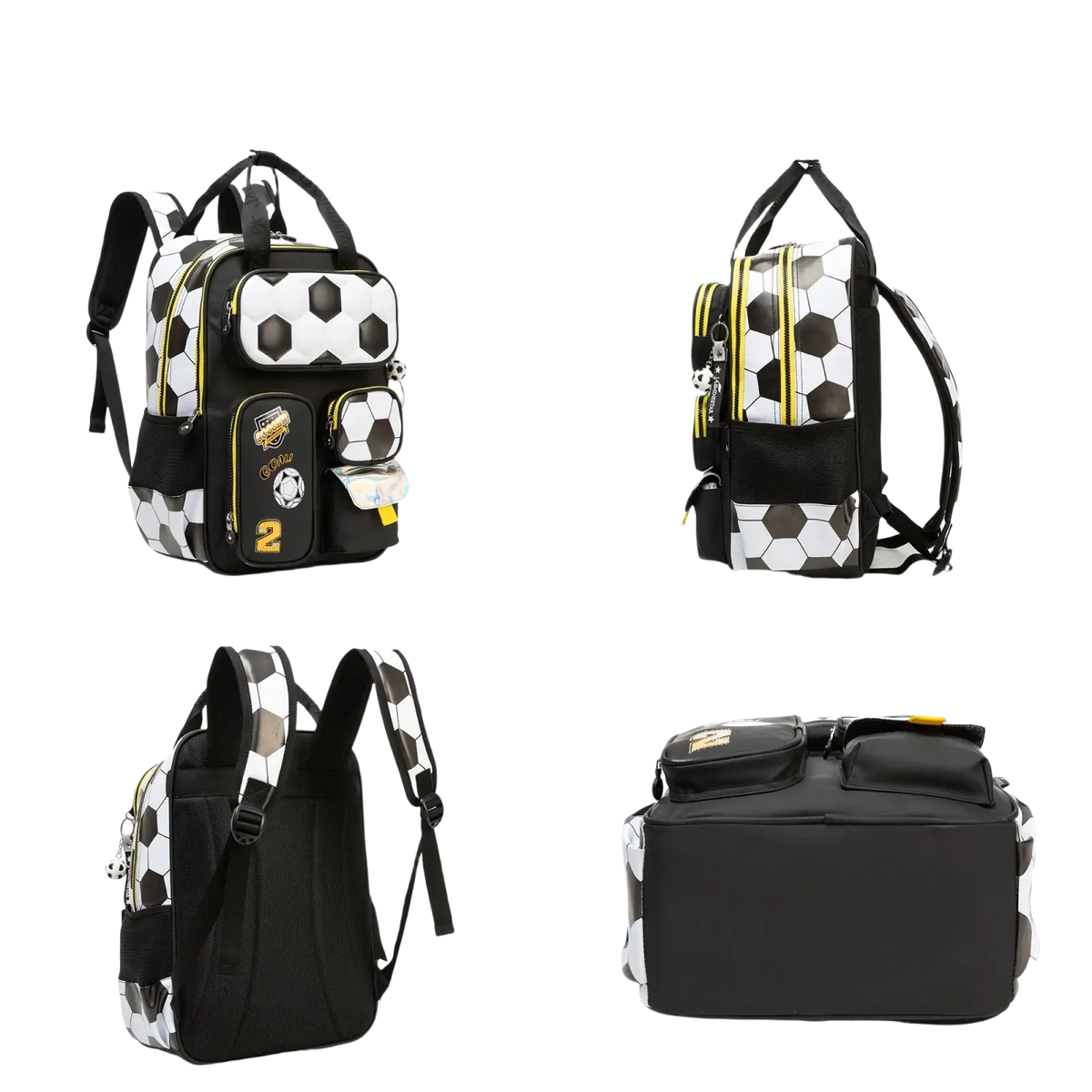 Soccer boys school backpack set with black and white soccer ball pattern and yellow zipper accents for boys