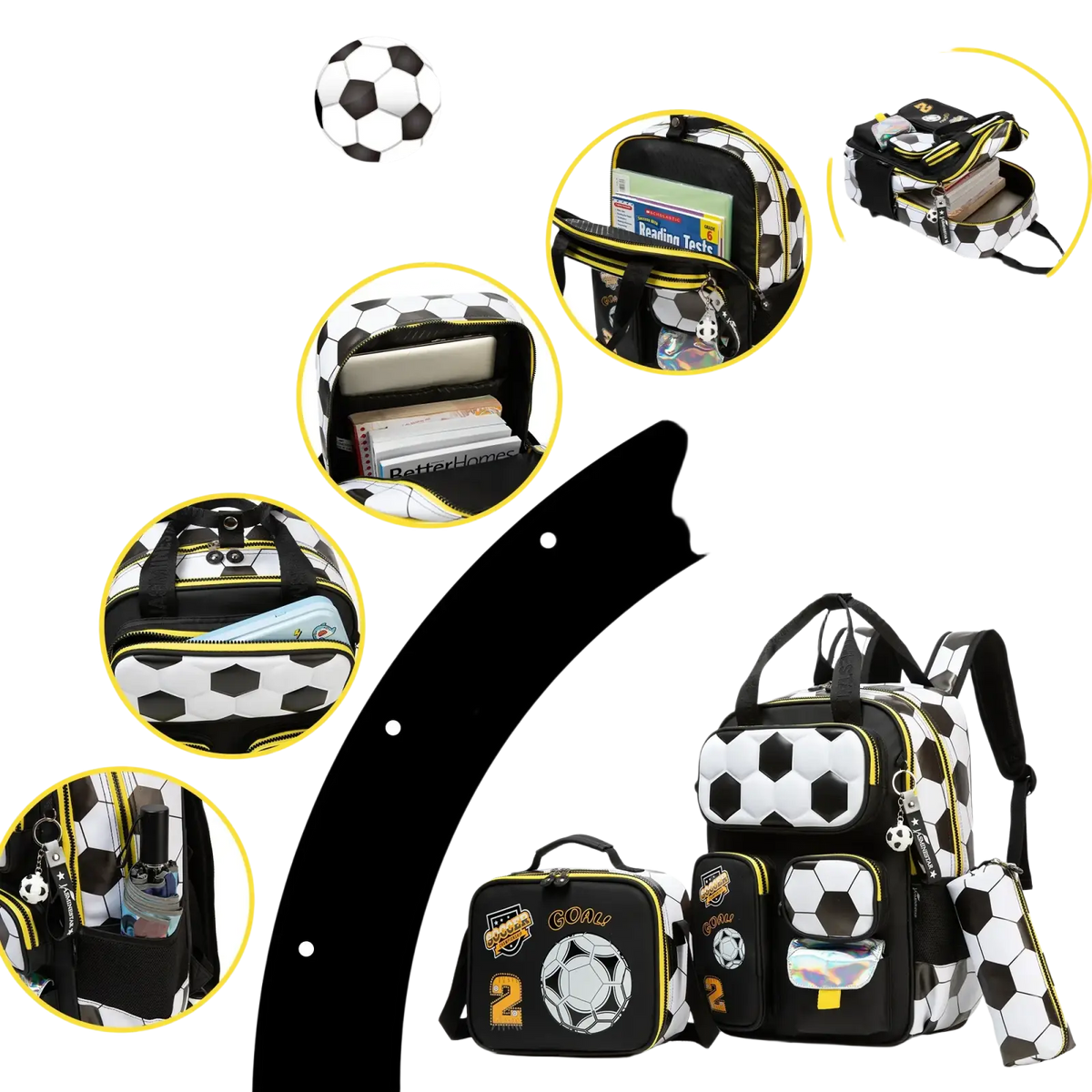 Soccer boys school backpack set featuring a black and white soccer ball pattern with yellow zipper accents