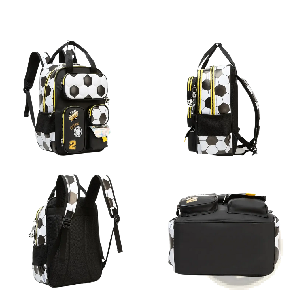 Soccer boys school backpack set with black and white soccer ball pattern and yellow zipper accents for boys