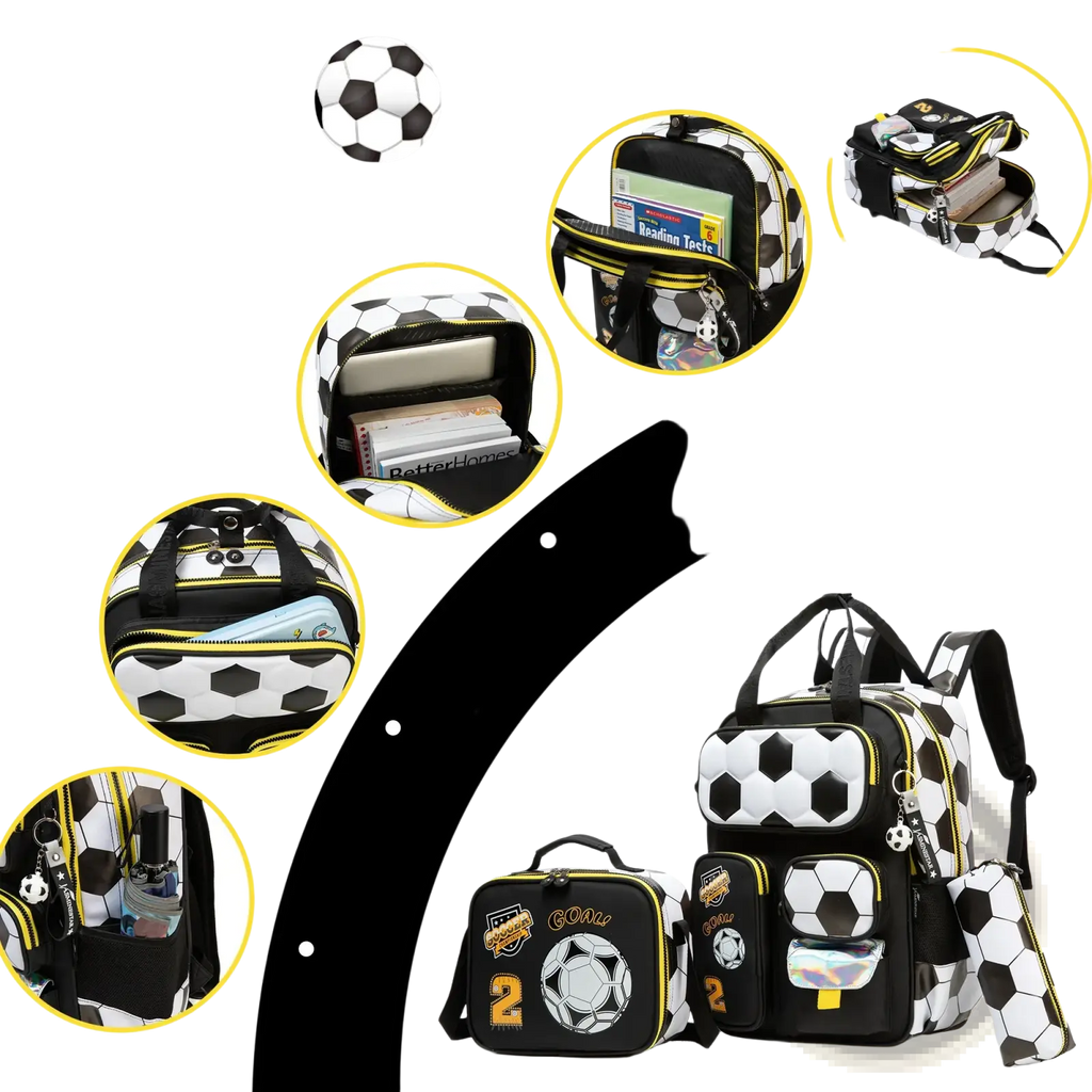 Soccer boys school backpack set featuring a black and white soccer ball pattern with yellow zipper accents