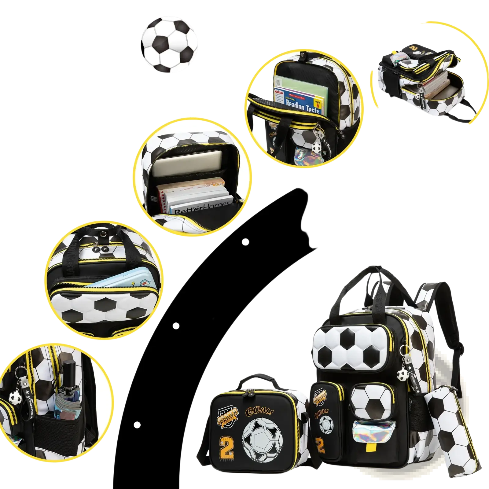 Soccer boys school backpack set featuring a black and white soccer ball pattern with yellow zipper accents