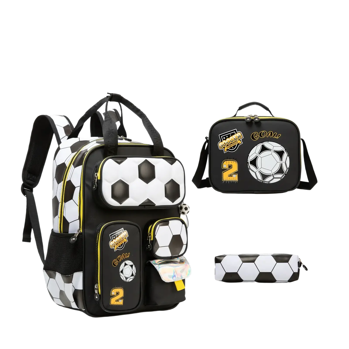 Soccer boys school backpack set with lunch bag featuring black and white soccer design and yellow zipper accents