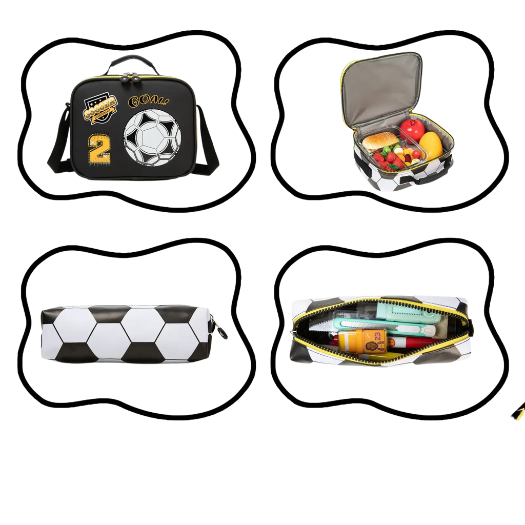 Black and white soccer-themed lunchbox with yellow accents featuring a football design and goal text from soccer boys set