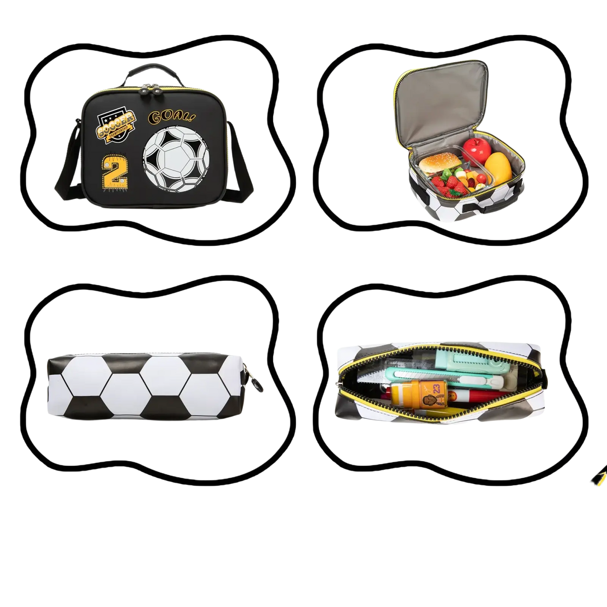 Black and white soccer-themed lunchbox with yellow accents featuring a football design and goal text from soccer boys set