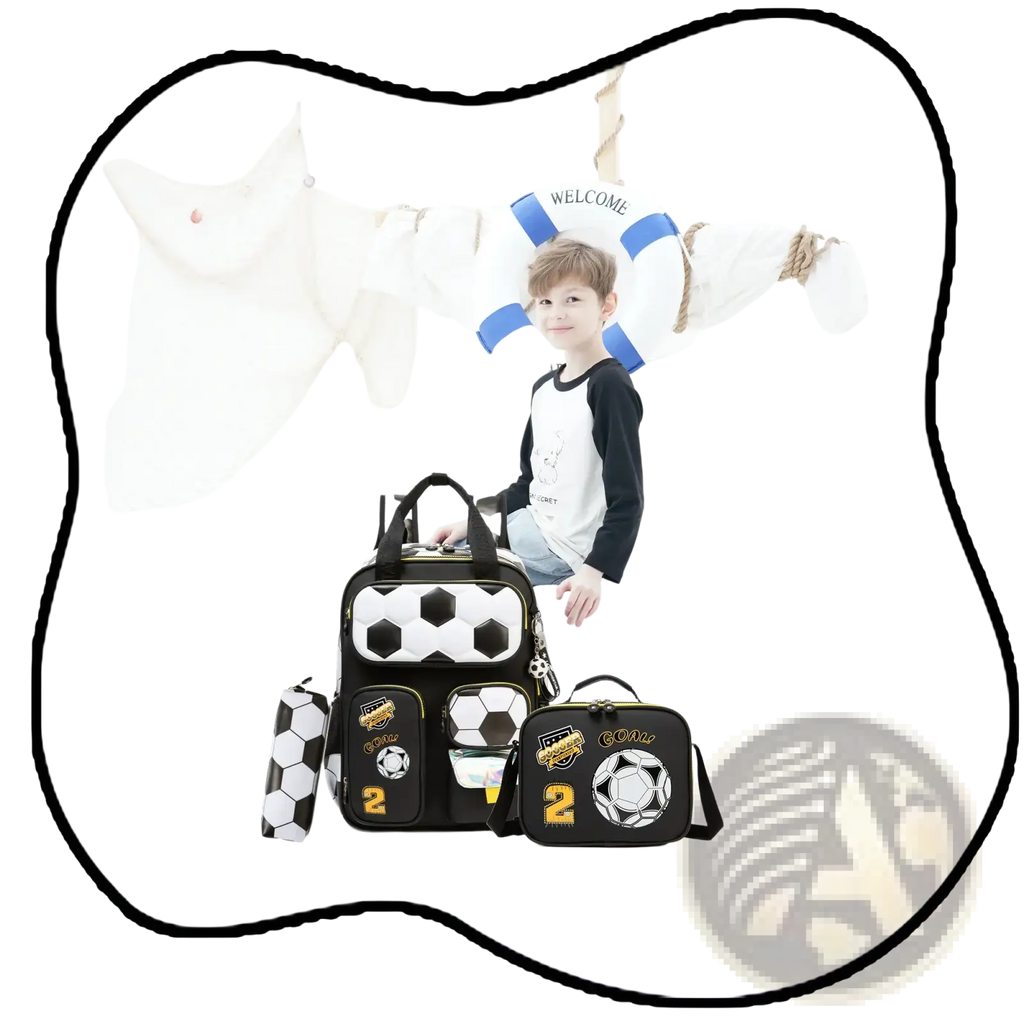 Soccer boys school backpack set with lunch bag featuring black and white hexagonal panels gold accents and goal branding