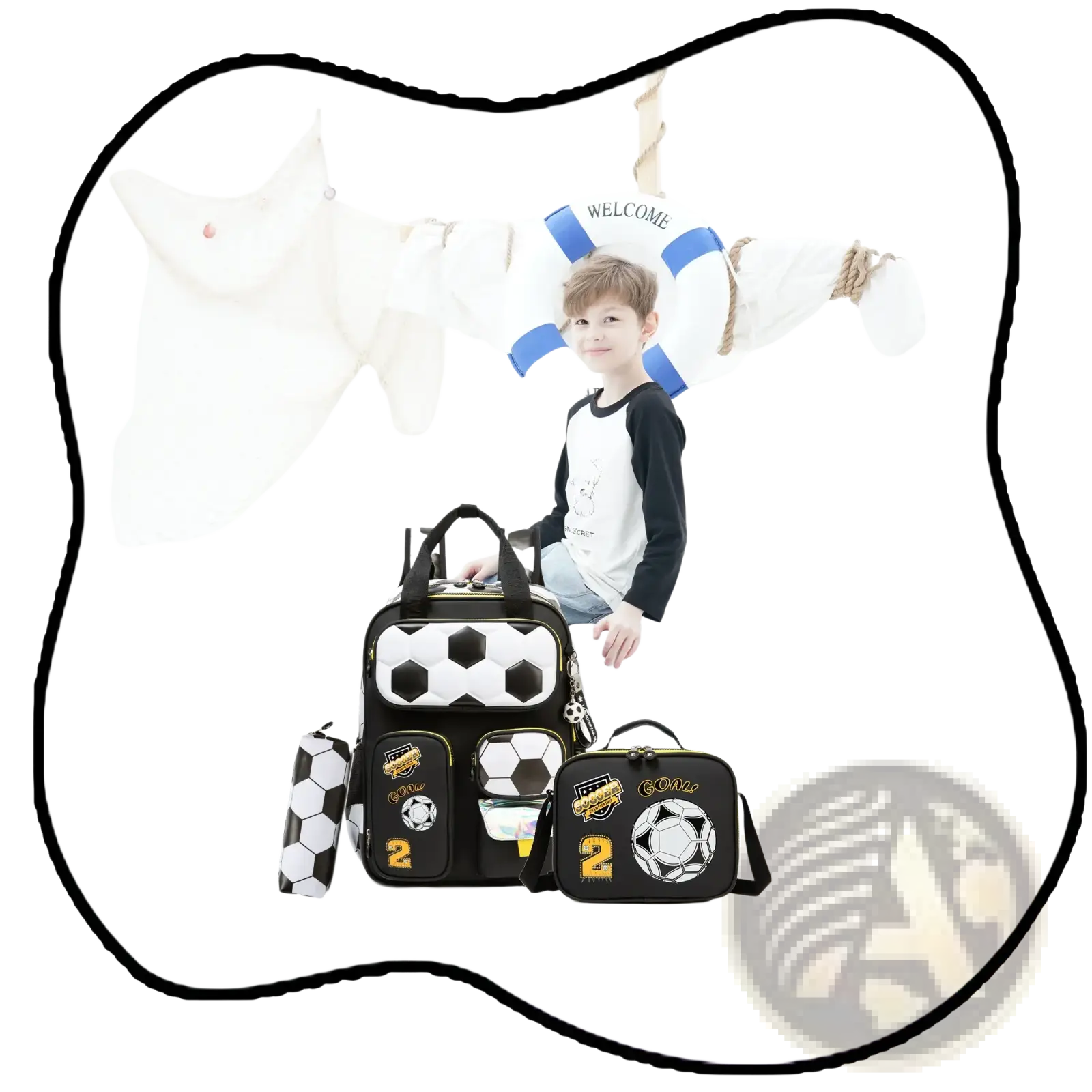 Soccer boys school backpack set with lunch bag featuring black and white hexagonal panels gold accents and goal branding