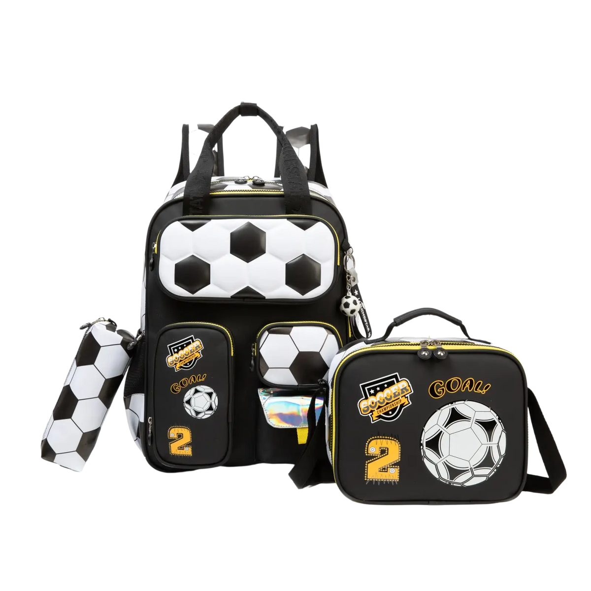 Soccer boys school backpack set with lunch bag featuring a black and white quilted soccer design with yellow accents and goal patches