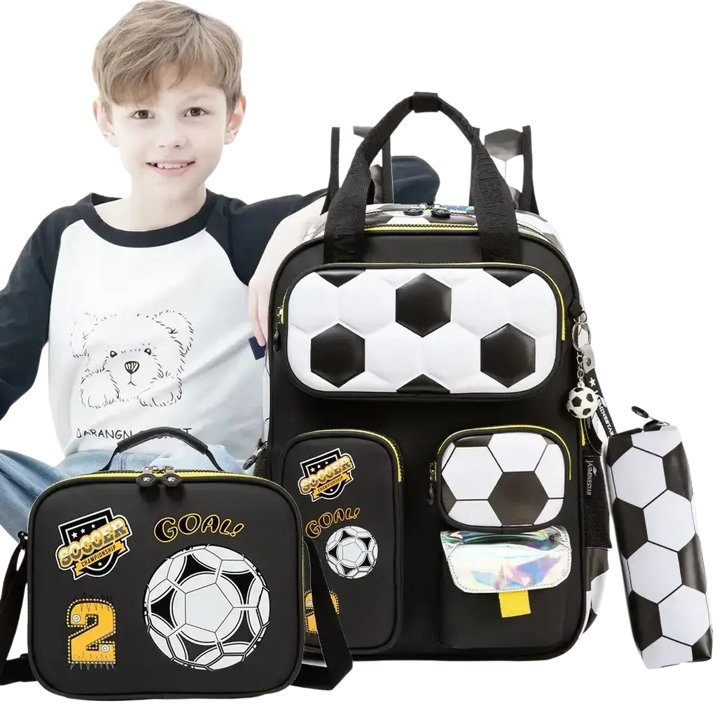 Soccer boys school backpack set featuring black and white quilted design with yellow accents and football graphic pockets