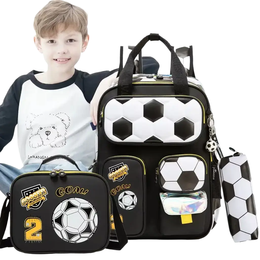 Soccer boys school backpack set featuring black and white quilted design with yellow accents and football graphic pockets