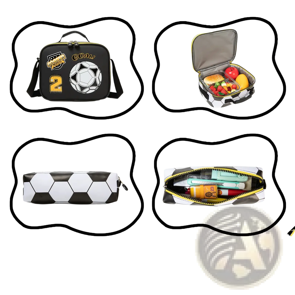 Black and white soccer-themed lunchbox with yellow accents featuring a football design and goal text from soccer boys set