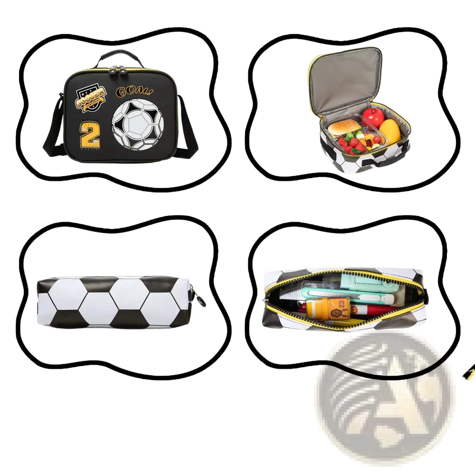 Black and white soccer-themed lunchbox with yellow accents featuring a football design and goal text from soccer boys set